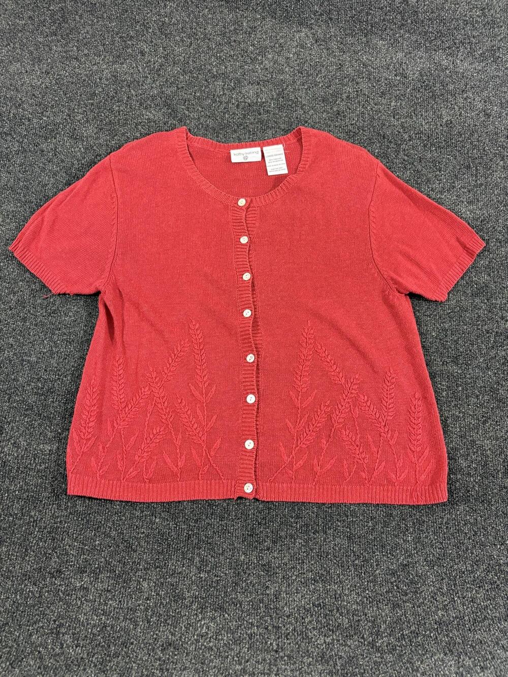 Kathy Ireland Cardigan Womens L Red Floral Crew Neck Short Sleeve Button Front